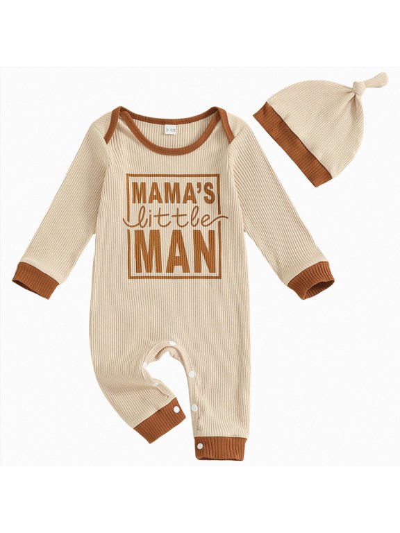 Neutral Baby Clothes Slogan Print, Snap Closure, Knit with Hat (Beige,0-3 Months)