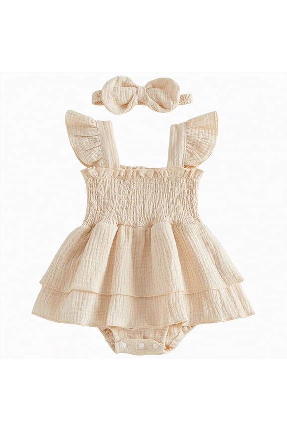 New Born Clothes Baby Girl Clothes Infant Romper Floral Suspender Dress Ruffle Sleeve Bodysuit Outfit Jumpsuit Headband Spring Summer 0 3 6 9 12 18 24 Months (Beige,0-3 Months)