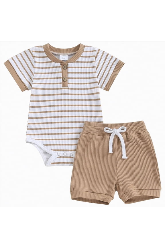 Newborn Baby Boy Clothes Summer Baby Boy Summer Clothes Boy Letter Embroidery Short Sleeve Romper Elastic Waist Shorts Set Infant Boy Outfits 0 3 6 9 12 18 24 Months (Khaki,0-3 Months)