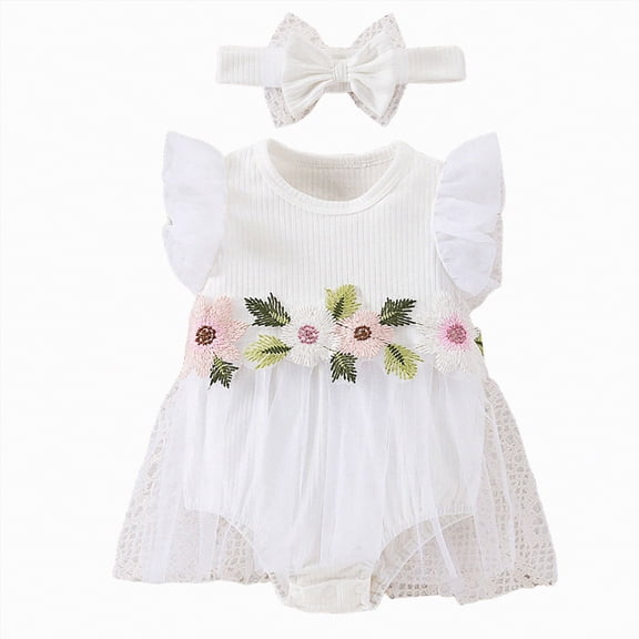 JUMEYU Newborn Baby Girl Clothes Baby Girl 1st 2nd Birthday Romper Outfit Infant Bodysuit Tutu Dress with headband 0 3 6 9 12 18 24 Months (White,3-6 Months)