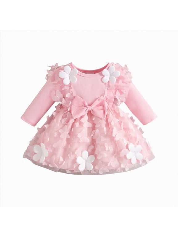 Newborn Baby Girls Knit Butterfly Mesh Dress Long Sleeve Lace Ruffle Romper Outfit 0 3 Months (Pink,0-3 Months)