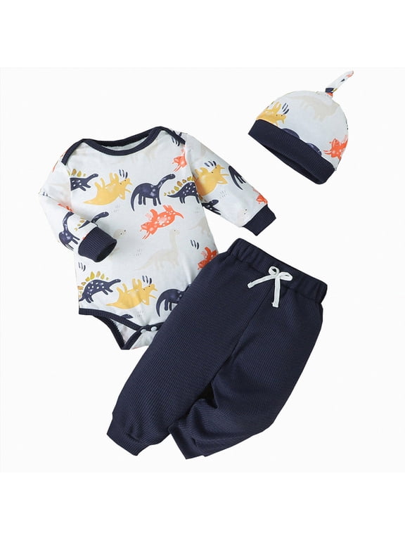 Newborn Infant Baby Boy Outfit Dinosaur Print Long Sleeve Bodysuit Jogger Pants and Hat 3 Piece Clothes (Blue,0-3 Months)