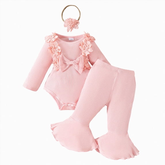JUMEYU Newborn Outfit Girl Winter Ribbed Romper with Pants Boutique Baby Outfit 12 18 Months (Pink,12-18 Months)