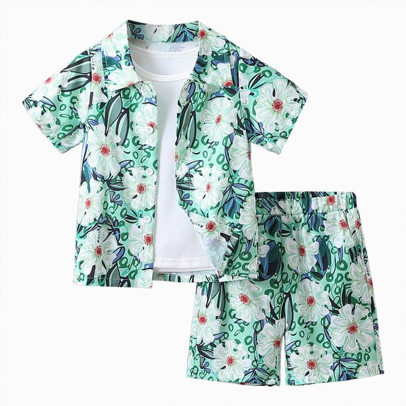 JUMEYU Outfits for Toddler Boys Toddler Boy Summer Clothes Baby Outfit Short Sleeve Button Down Collared Shirt Tops Shorts Set 3T 4T (Green,3-4 Years)