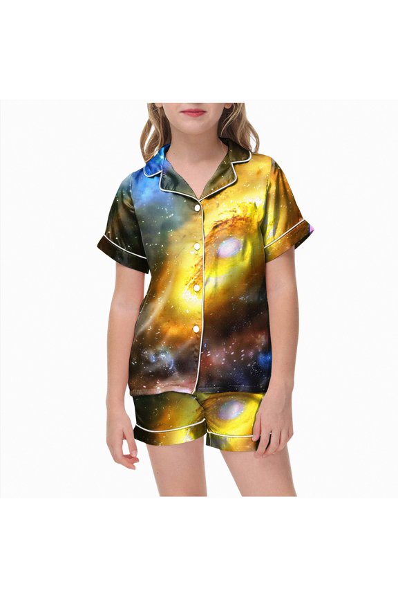 Pajamas Kids Girls Short Sleeve Button Front Pajama Top and Shorts Set, 2-Piece Size 8-9 (Yellow,8-9 Years)