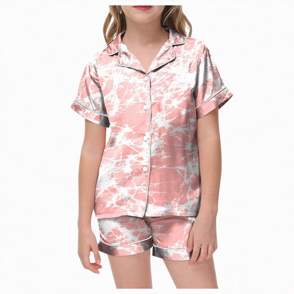 JUMEYU Pajamas for Kids Girls Girls' Pajama Set - 2 Piece Silky Soft Satin Button Down Sleep Shirt and Pajama Shorts Size 10-11 (E,10-11 Years)
