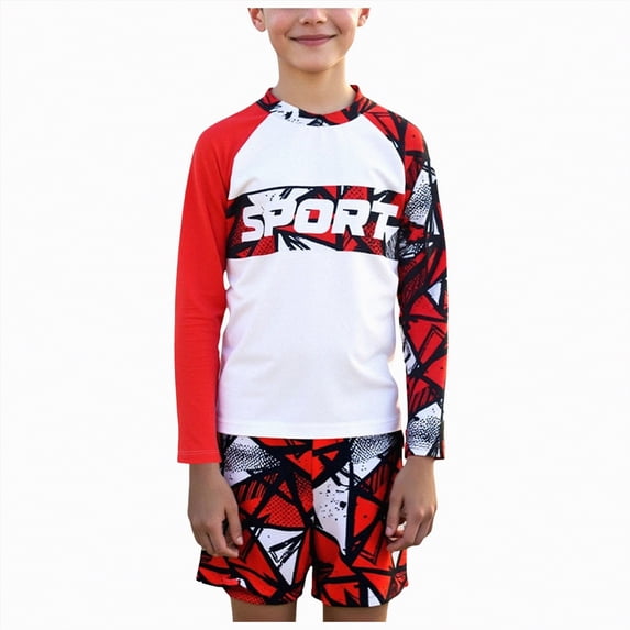 JUMEYU Rashguard Swimsuit for Boys Kids' Long Sleeve Rash Guard + Shorties UPF 50+ Swimsuit Set Size 11 Years (Red,11 Years)
