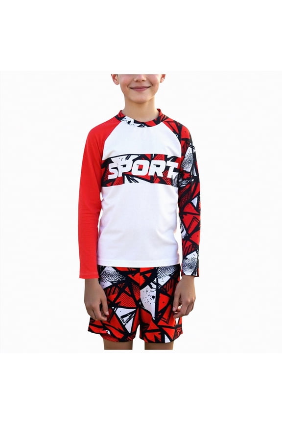 Rashguard Swimsuit for Boys Kids' Long Sleeve Rash Guard + Shorties UPF 50+ Swimsuit Set Size 11 Years (Red,11 Years)