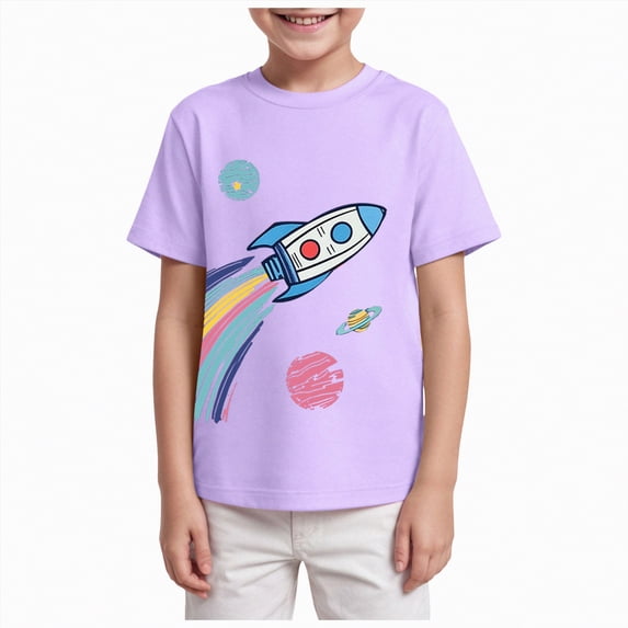 JUMEYU Shirts for Boys Boys Short Sleeve Shirts Kids Summer Crew Neck Oversized T-Shirts Loose Fit Casual Basic Solid Tees 5T 6T (Purple,5-6 Years)