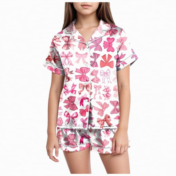 JUMEYU Silk Pajamas for Girls Set Children Sleepwears Girls Spring Summer Cartoon Print Short Sleeve Sleepwear Outfits Pajamas Clothes Size 10-11 (Brick Red,10-11 Years)