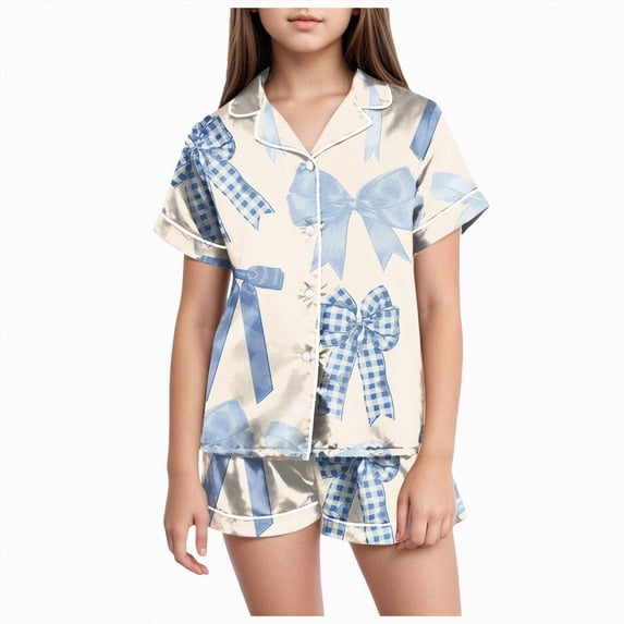 JUMEYU Silk Pajamas for Girls Set Pjs Set Nightwear 2 Pcs Button-Down Sleepwear for Kids Size 8-9 (Sky Blue,8-9 Years)