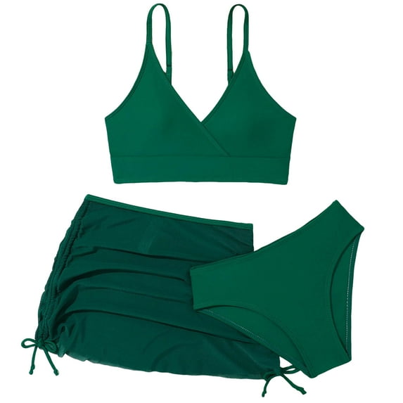 JUMEYU Swim Suits for Teens Girls' 3 Piece Plain Swimsuit Wrap Bikini with Ruched Cover Up Skirt Set Size 9-10 Years (Dark Green,9-10 Years)