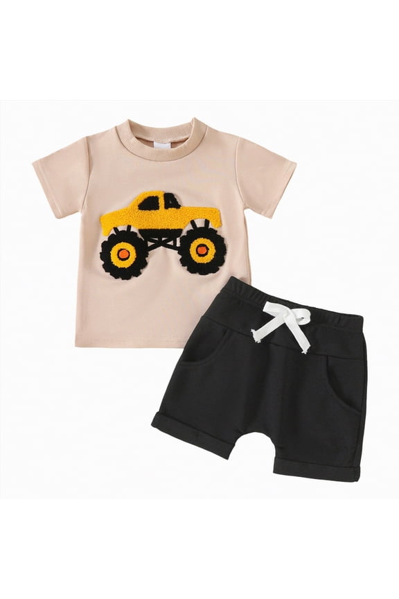 Toddler Boy Back To School Clothes Toddler Baby Boy Summer Outfit Short Sleeve T Shirt Top Casual Shorts Set Infant Newborn Clothes Set 12 18 Months (Black,12-18 Months)