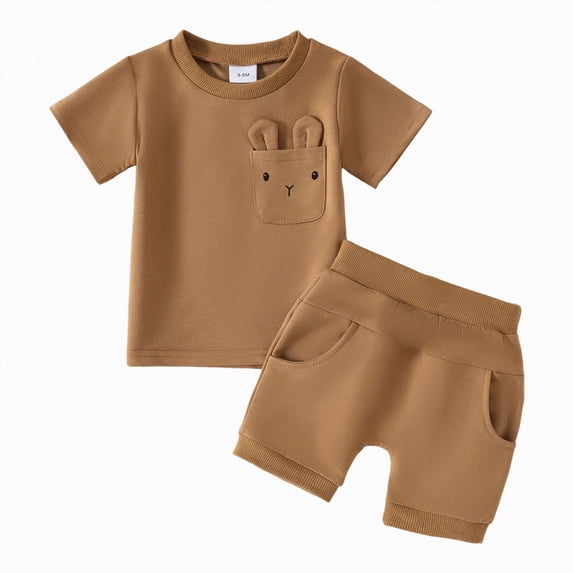 JUMEYU Toddler Boy Outfits Toddler Baby Boy Summer Clothes Print Short Sleeve T-Shirt Casual Shorts Set Boys Summer Outfits 18 24 Months (Coffee,18-24 Months)