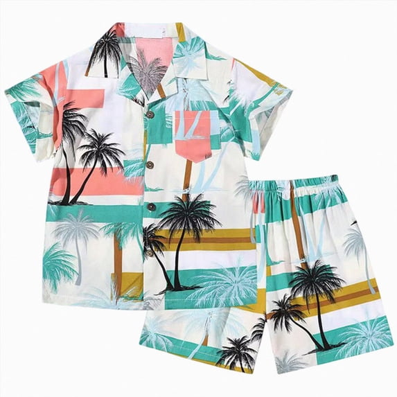 JUMEYU Toddler Boy Set Little Boy Outfit Print Short Sleeve Lapel Button Down Shirt with Shorts Summer 2 Pcs Outfits 2T 3T (Mint Green,2-3 Years)