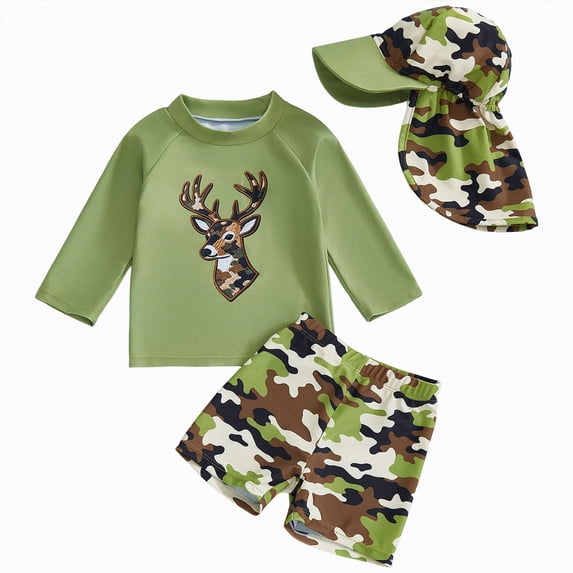 JUMEYU Toddler Boys Swim Suit Baby Boy 3Pcs Rash Guard Swimsuits Long Sleeve Print Top Shorts Hat Bathing Suit Swimwear 12 18 Months (AG,12-18 Months)