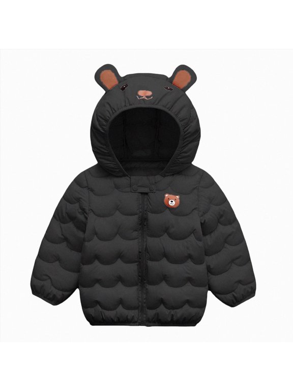 Toddler Coat Bear-Face Hood Puffer Jacket for Baby Warm Zip-Up Winter Coat 18M-7Y (Black,18-24 Months)