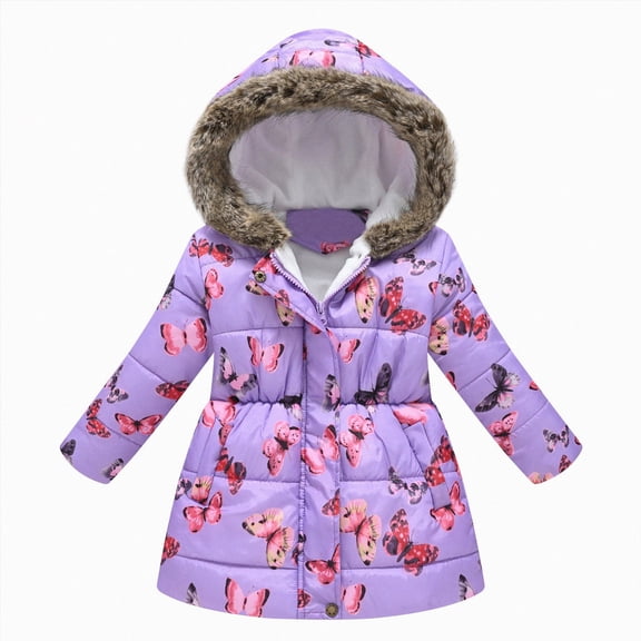JUMEYU Toddler Girl Coat Butterfly Print Puffer Jacket for Girls Faux Fur Hood Fleece Lined Coat (Purple,4-5 Years)