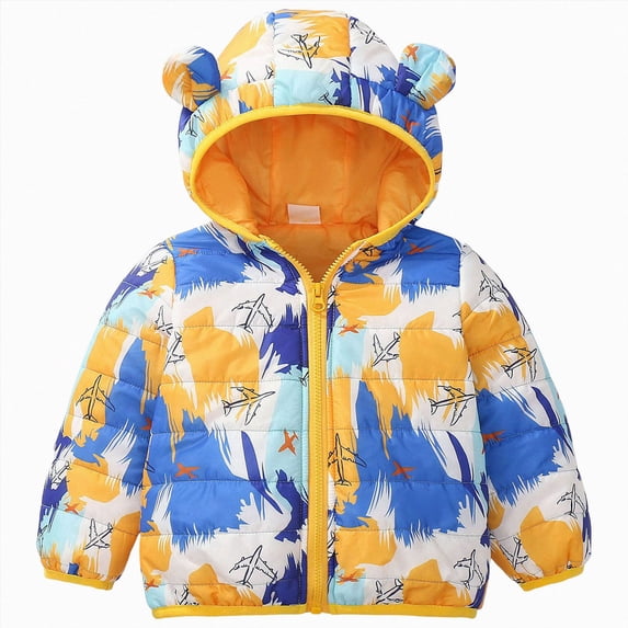 JUMEYU Toddler Girl Coat Printed Puffer Jacket for Baby Bear Ear Hooded Zip-Up Winter Coat (Blue,1-2 Years)