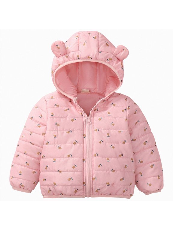 Toddler Girl Winter Jacket Printed Puffer Jacket for Baby Bear Ear Hooded Zip-Up Winter Coat (Pink,6-12 Months)