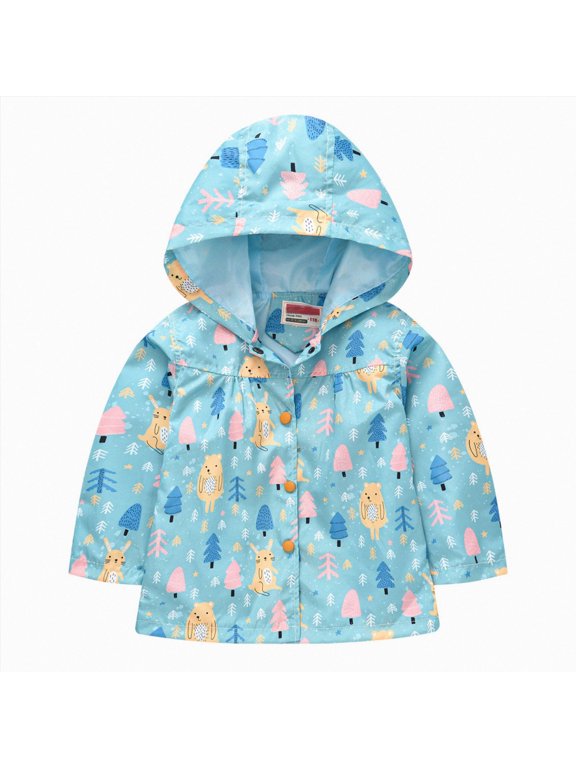 Toddler Girls Baby Hooded Jacket Zip Up Windproof Lightweight Print Coat for Autumn Spring Outdoor Sizes 12M-5Y (Light Blue,18-24 Months)