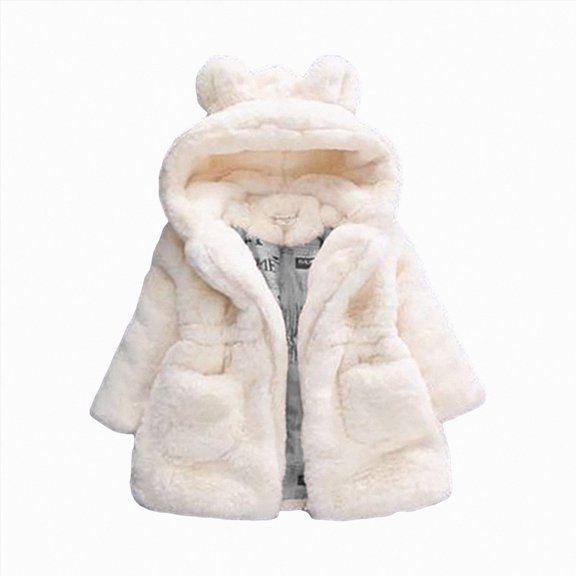 JUMEYU Toddler Girls Fleece Jacket Toddler Fuzzy Hooded Zip-Up Jacket with Bear Ear Detail Winter Coat 4T 5T (White,4-5 Years)