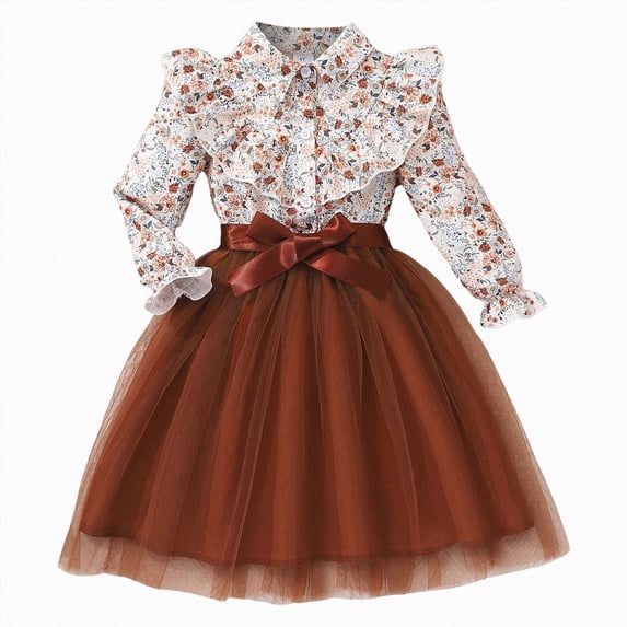 JUMEYU Toddler Girls Floral Princess Dress Long Sleeve Ruffle Tulle Birthday Party Dress 3T 4T (Brown,3-4 Years)