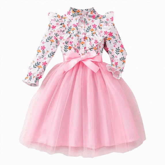 JUMEYU Toddler Girls Floral Princess Dress Long Sleeve Ruffle Tulle Birthday Party Dress 4T 5T (Pink,4-5 Years)