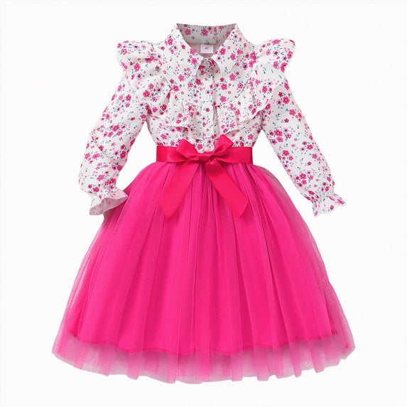 JUMEYU Toddler Girls Floral Princess Dress Long Sleeve Ruffle Tulle Birthday Party Dress 5T 6T (Hot Pink,5-6 Years)