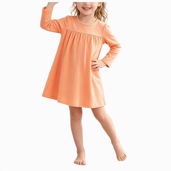 JUMEYU Toddler Girls Long Sleeve Solid Color Leisure Lounge Dress 4T 5T (Orange,4-5 Years)