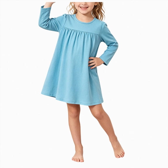 JUMEYU Toddler Girls Long Sleeve Solid Color Leisure Lounge Dress 6T 7T (Blue,6-7 Years)