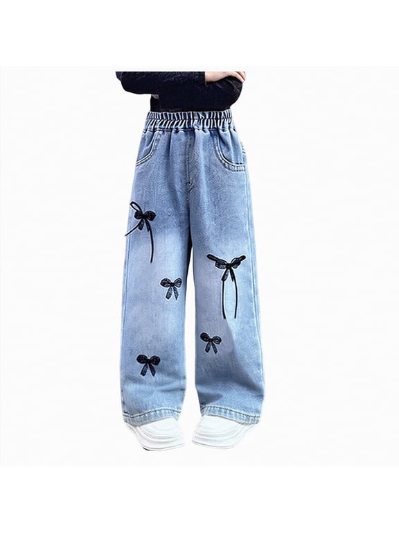 Toddler Girls Pants Summer Toddler Girl's Print High Waisted Jeans Denim Pants with Pockets 2T 3T (Blue,2-3 Years)
