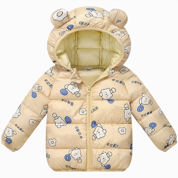 JUMEYU Toddler Girls Puffer Coats Floral Bear-Ear Hood Puffer Jacket for Girls Zip-Up Winter Coat (Beige,18-24 Months)