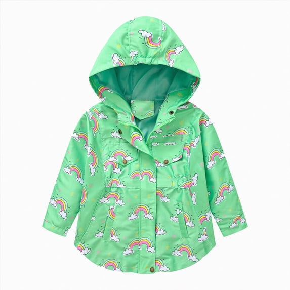 JUMEYU Toddler Girls Rainbow Print Jacket Hooded with Pocket Cotton Blend Windproof Kids Coat for Winter Sizes 2-9Y (Green,4-5 Years)