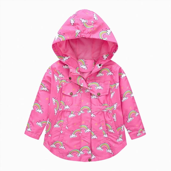 JUMEYU Toddler Girls Rainbow Print Jacket Hooded with Pocket Cotton Blend Windproof Kids Coat for Winter Sizes 2-9Y (Hot Pink,8-9 Years)