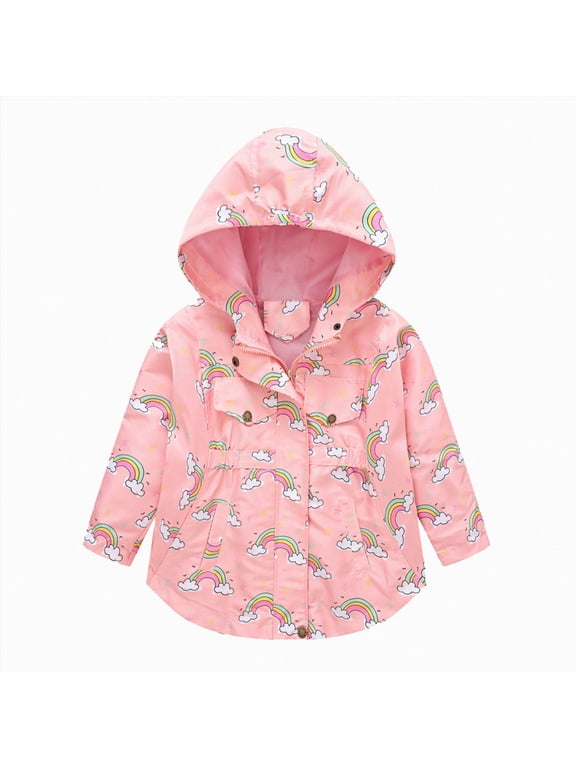 Toddler Girls Rainbow Print Jacket Hooded with Pocket Cotton Blend Windproof Kids Coat for Winter Sizes 2-9Y (Pink,2-3 Years)