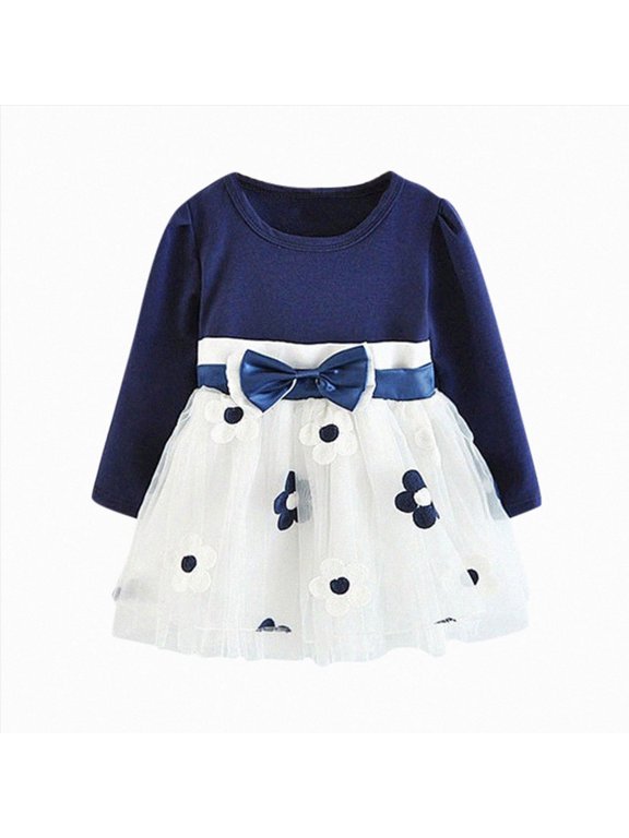 Toddler Girls Tulle Patchwork Dress Long Sleeve Flower Bow Princess Party Dress 2T 3T (Blue,2-3 Years)