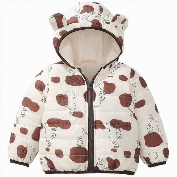 JUMEYU Toddler Jackets for Girls Printed Puffer Jacket for Baby Bear Ear Hooded Zip-Up Winter Coat (Coffee,3-4 Years)