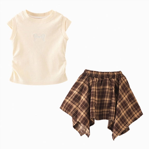 JUMEYU Toddler Outfit Sets Toddler Little Girl Summer Outfits Tops Skirt Set Kids 2Pcs Fashion Clothes 12 18 Months (Beige,12-18 Months)