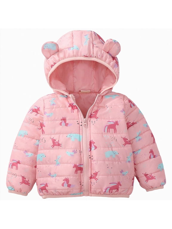 Toddler Puffer Jacket Girl Printed Puffer Jacket for Baby Bear Ear Hooded Zip-Up Winter Coat (Light Pink,6-12 Months)