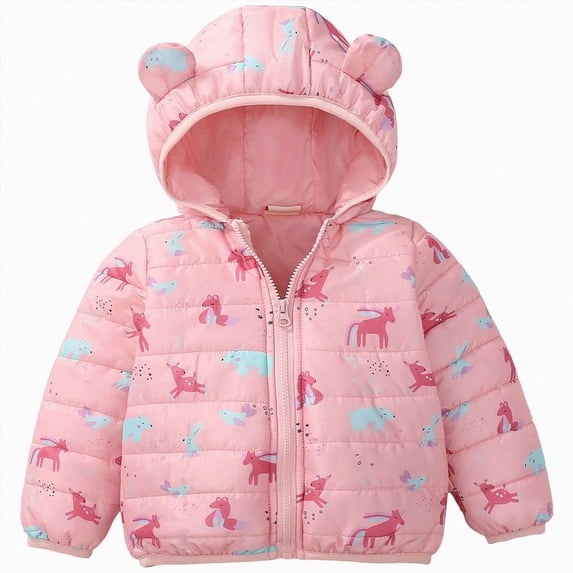 JUMEYU Toddler Puffer Jacket Girl Printed Puffer Jacket for Baby Bear Ear Hooded Zip-Up Winter Coat (Light Pink,6-12 Months)