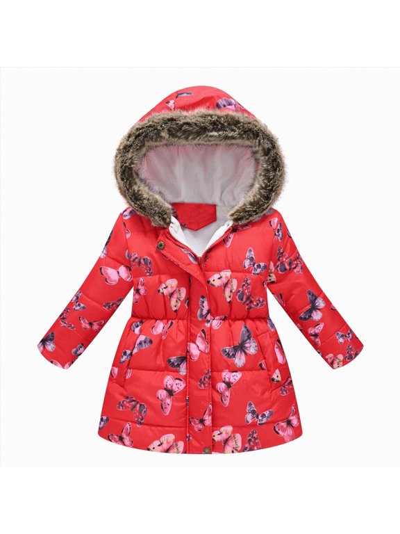 Toddler Winter Jackets for Girls Butterfly Print Puffer Jacket for Girls Faux Fur Hood Fleece Lined Coat (Red,2-3 Years)