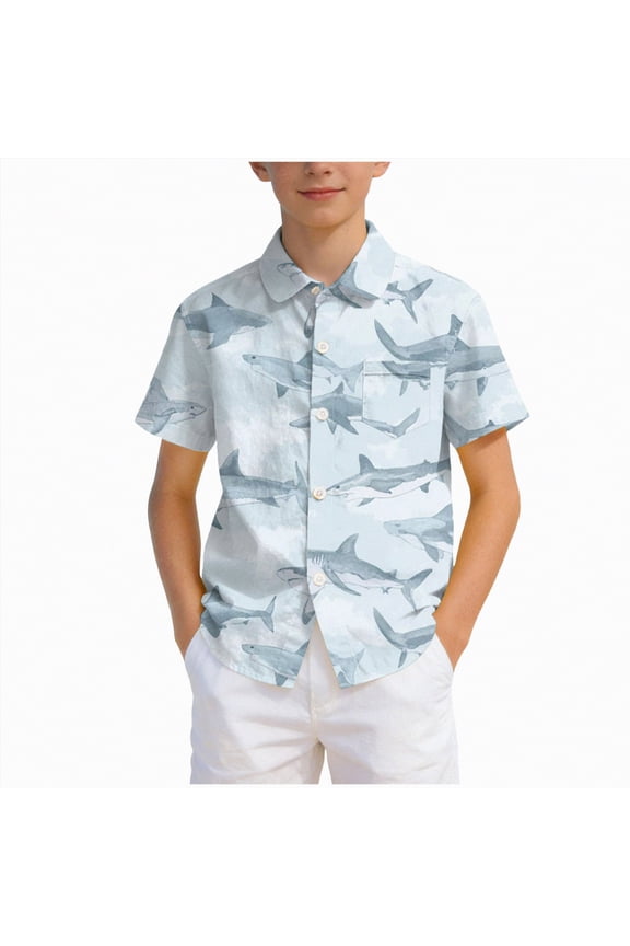 Tropical Shirts for Boys Boys Button Down Shirts Kids Summer Short Sleeve Uniform Blouse Beach Vacation Tops Size 11-12 (Light Blue,11-12 Years)