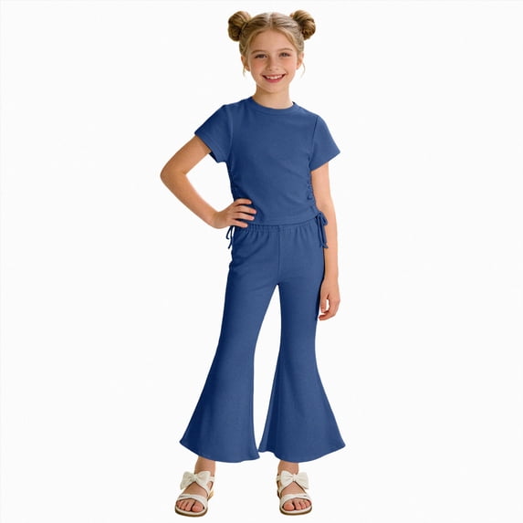 JUMEYU Tween Girl Outfits Cute Girls Set Short Sleeve Shirt and Casual Flared Pants Suit Beautiful Graphic Shirts Set Size 9-10 (Blue,9-10 Years)