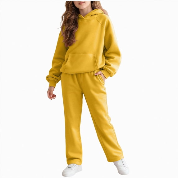 JUMEYU Two Piece Set for Girls Girls Clothes Patchwork Sweatshirt Elastic Waist Sweatpants with Pockets 2PCs Girls' Clothing Sets Size 13-14 (Light Yellow,13-14 Years)