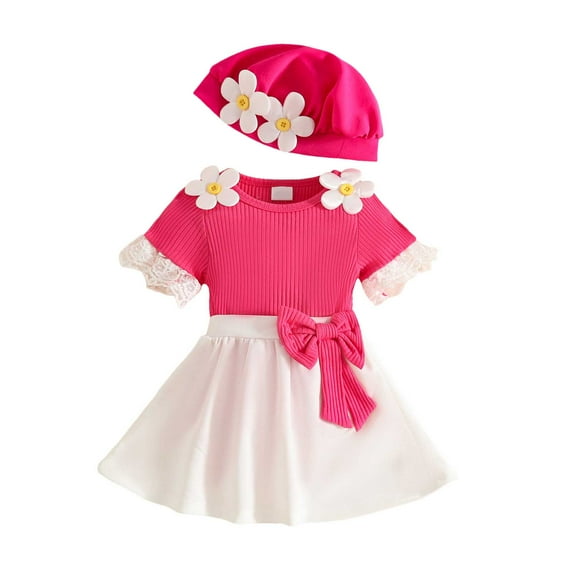 JUMEYU Two Piece Skirt Set Girls Toddler Girl's 2 Piece Outfits Button Collar Tank Top Pleated Aline Skirt Set 12 18 Months (Hot Pink,12-18 Months)