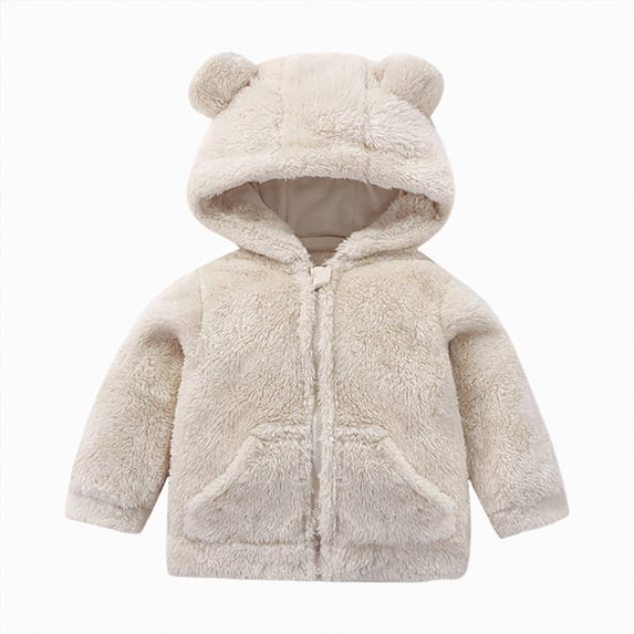 JUMEYU Winter Jacket Toddler Girl Baby Girls Fuzzy Plush Hooded Jacket Sherpa Zip-Up Front Toddler Coat 18 24 Months (White,18-24 Months)