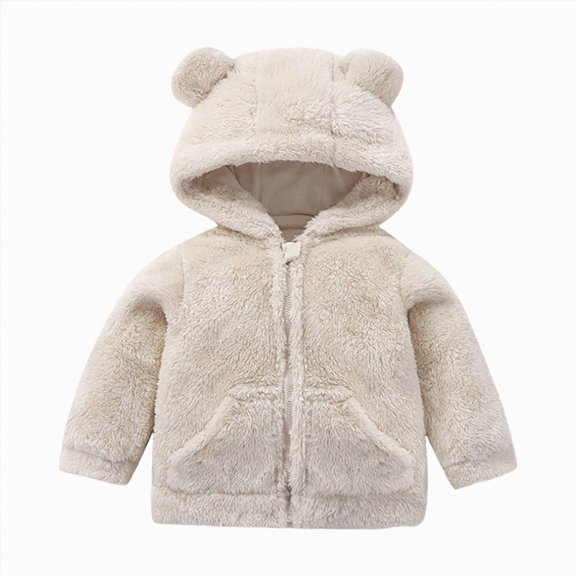 JUMEYU Winter Jacket Toddler Girl Baby Girls Fuzzy Plush Hooded Jacket Sherpa Zip-Up Front Toddler Coat 18 24 Months (White,18-24 Months)