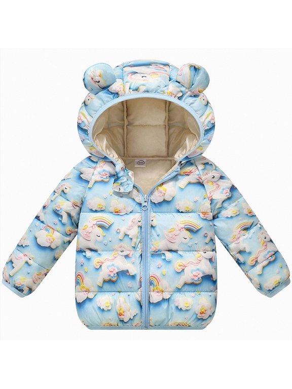 Winter Jacket for Baby Girl Floral Bear-Ear Hood Puffer Jacket for Girls Zip-Up Winter Coat (Sky Blue,18-24 Months)