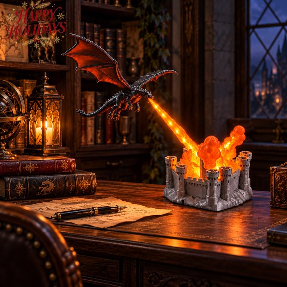 JUMIKLLQ Fire Breathing Dragon Lamp & Fantasy Castle Bookshelf Decor, Warm LED USB Powered Fire, for Bookshelf Desk Bedside Table Gaming Setup Reading Corner Decor